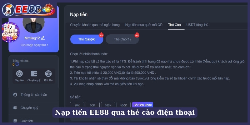 Nạp tiền EE88 qua thẻ cào điện thoại