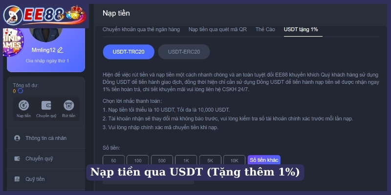 Nạp tiền qua USDT (Tặng thêm 1%)